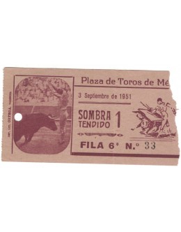 Bilhete Tourada - Mérida - 3 Septiembre de 1951