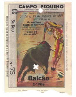 Bilhete Tourada - Campo Pequeno - 25 de Outubro de 1951