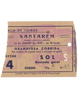 Bilhete Tourada - Santarém - 14 de Junho de 1953