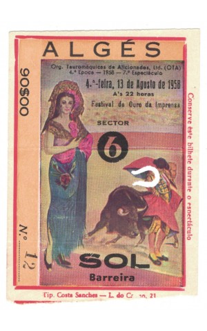 Bilhete Tourada - Algés - 13 de Agosto de 1958