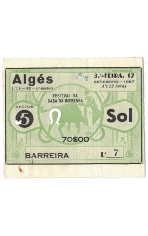 Bilhete Tourada - Algés - 17 de Setembro de 1957