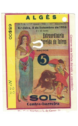 Bilhete Tourada - Algés - 8 de Setembro de 1955
