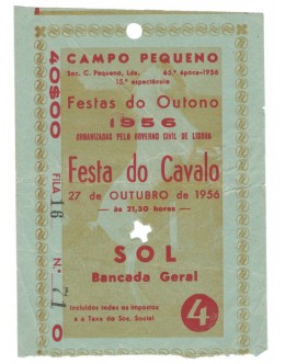 Bilhete Tourada - Campo Pequeno - 27 de Outubro de 1956