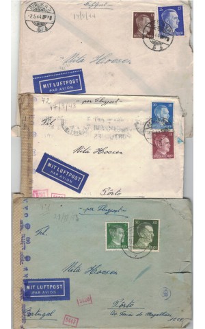 Lote 3 Cartas da Alemanha Nazi com Selos de Adolf Hitler (1943-1944)