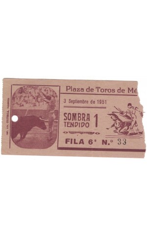 Bilhete Tourada - Mérida - 3 Septiembre de 1951