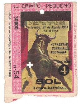 Bilhete Tourada - Campo Pequeno - 31 de Agosto de 1951