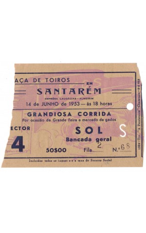 Bilhete Tourada - Santarém - 14 de Junho de 1953