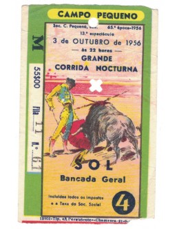 Bilhete Tourada - Campo Pequeno - 3 de Outubro de 1956