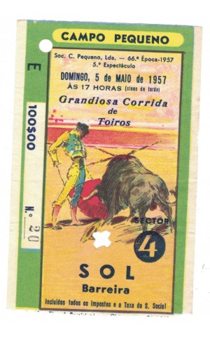 Bilhete Tourada - Campo Pequeno - 5 de Maio de 1957