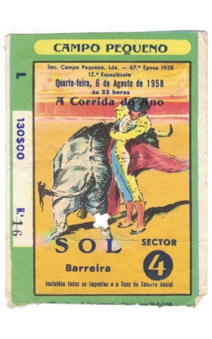 Bilhete Tourada - Campo Pequeno - 6 de Agosto de 1958