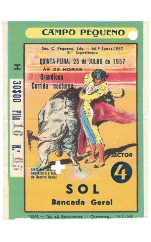 Bilhete Tourada - Campo Pequeno - 25 de Julho de 1957