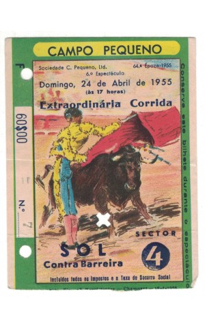 Bilhete Tourada - Campo Pequeno 24 de Abril de 1955