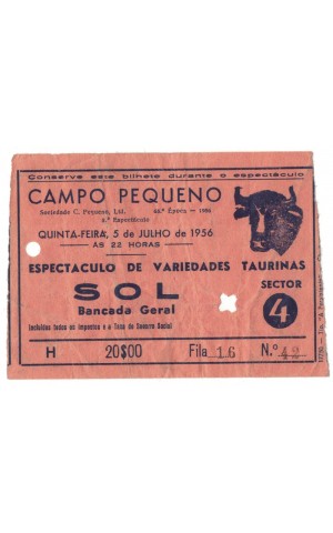 Bilhete Tourada - Campo Pequeno - 5 de Julho de 1956