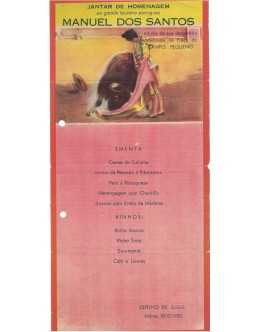 Folheto Jantar de Homenagem ao Grande Toureiro Portuguez Manuel dos Santos - Campo Pequeno, 18 de Outubro de 1953