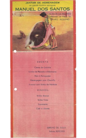 Folheto Jantar de Homenagem ao Grande Toureiro Portuguez Manuel dos Santos - Campo Pequeno, 18 de Outubro de 1953